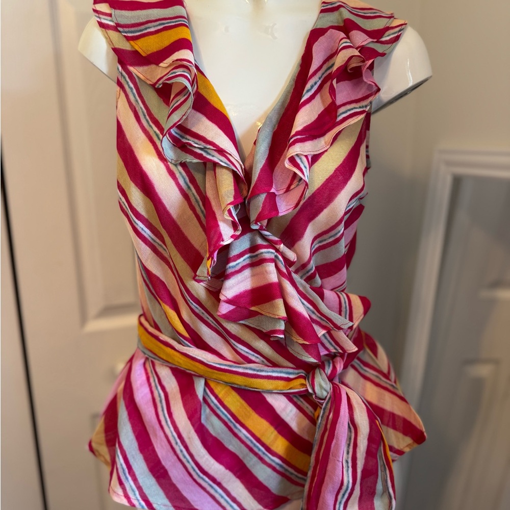 Lauren Ralph NWTS Multi Pink Sleeveless Ruffle Wrap Top Deep Vneck Size Small - Picture 2 of 12